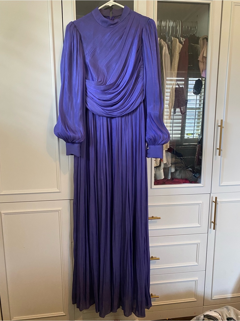 Elegant Purple Pleated Long Sleeve Maxi Dress